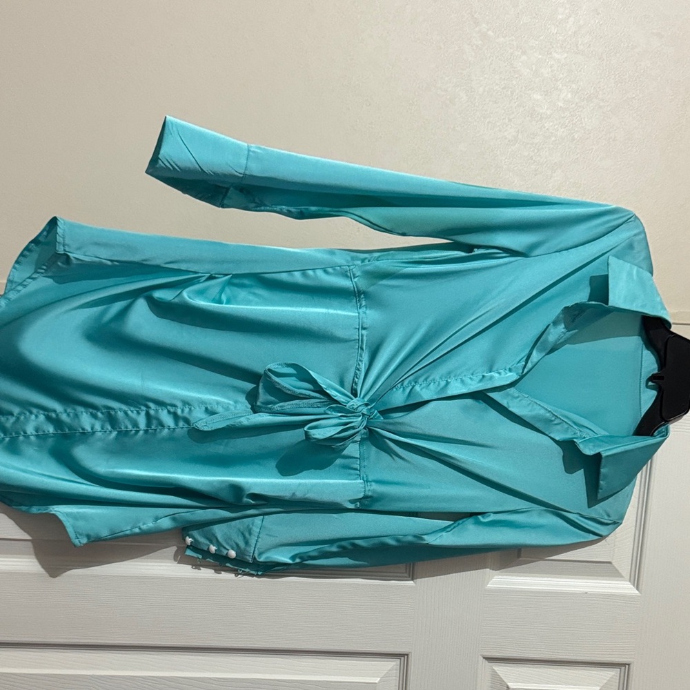 Turquoise Satin Blouse with Tie Front